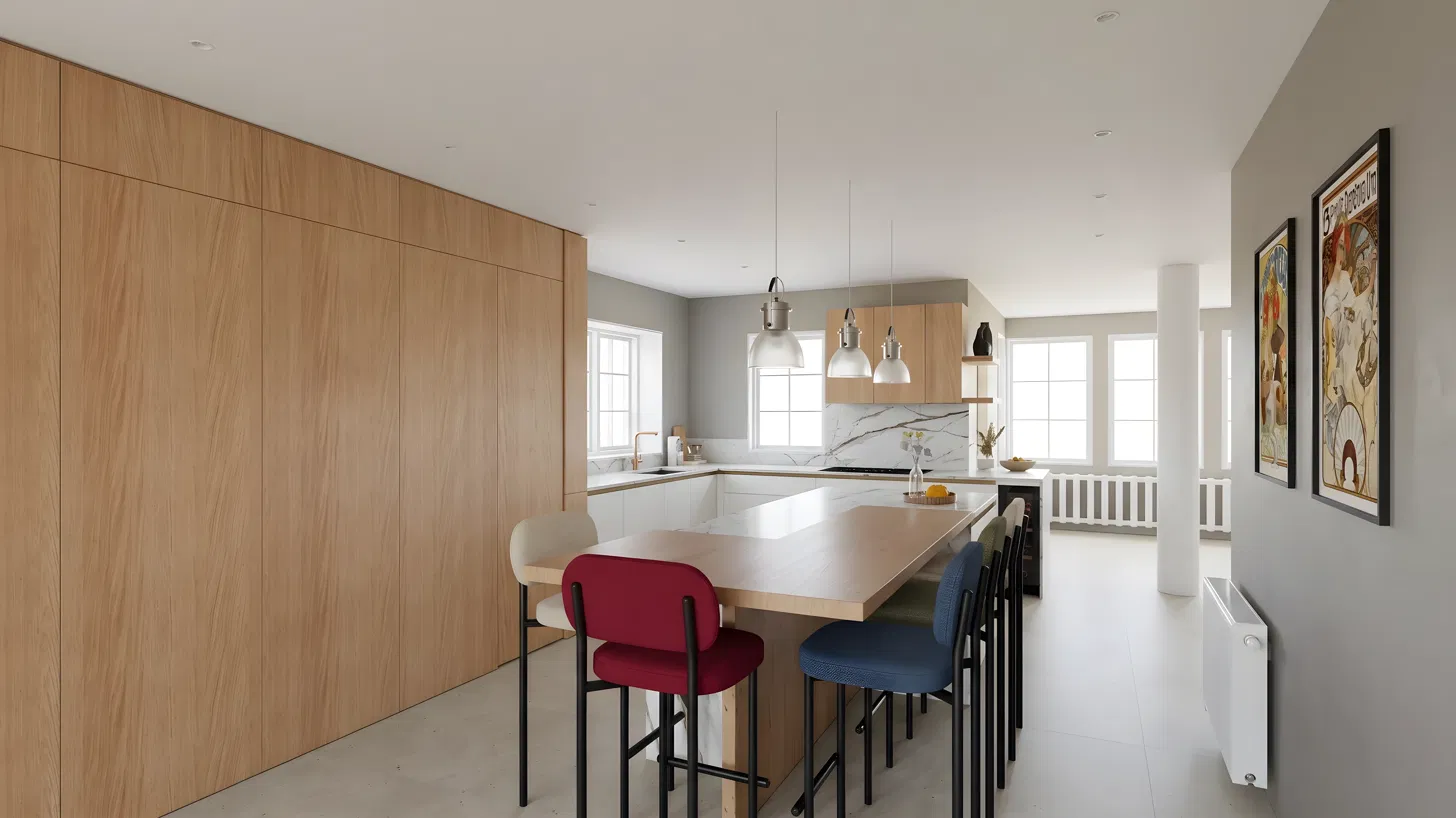Rendu 3D de la nouvelle cuisine d'Anne-Julie, vue de la table