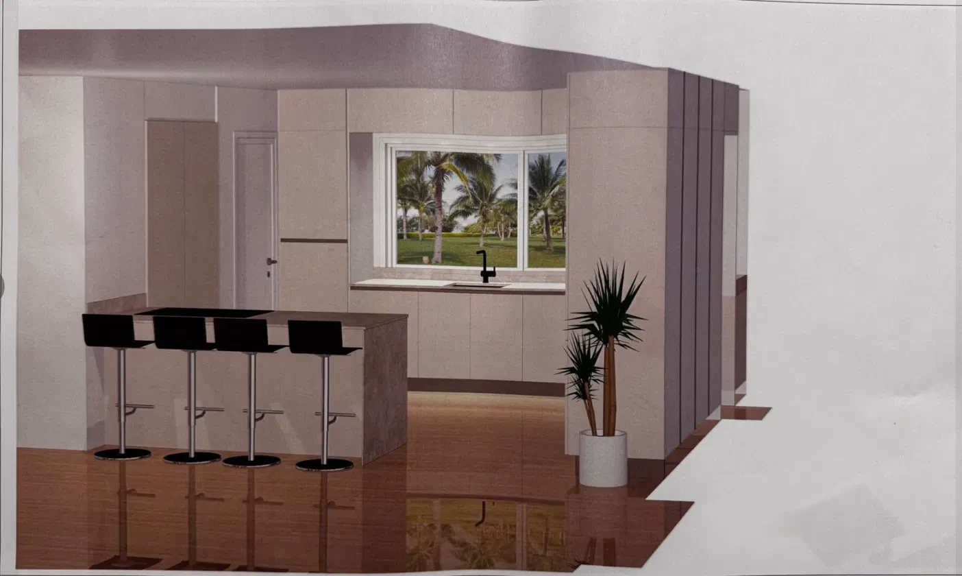 Rendu 3D du projet de cuisine proposé par la grande enseigne, vue sur l'îlot et la fenêtre