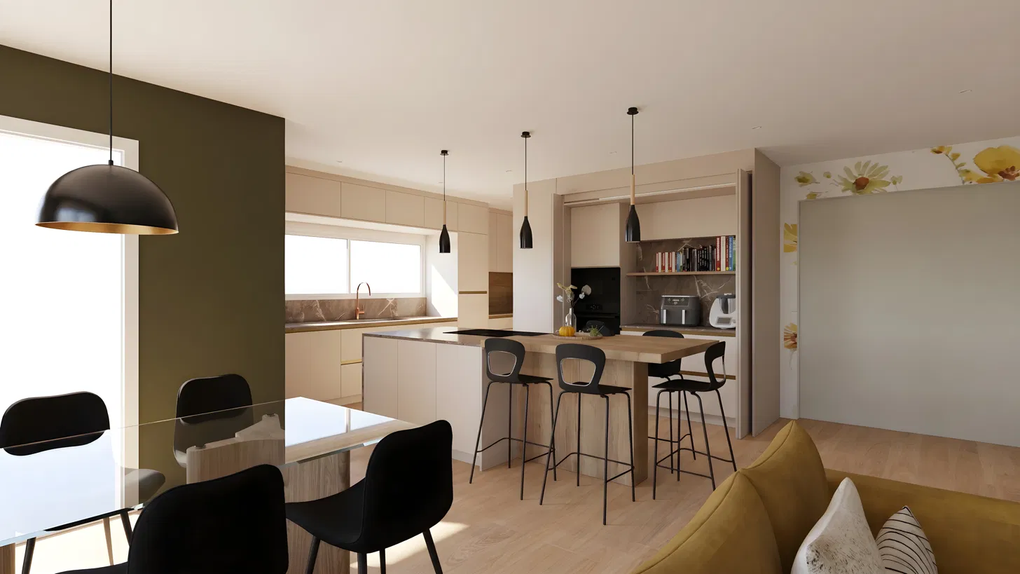 Rendu 3D de la cuisine repensée par Plein Vide, avec l'îlot et le cellier ouvert en arrière-plan