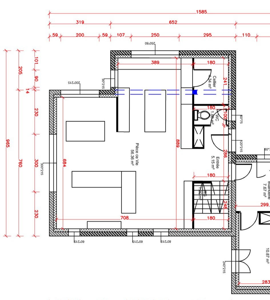 Plan de la pièce de vie de 56 m² avec l'implantation d'origine