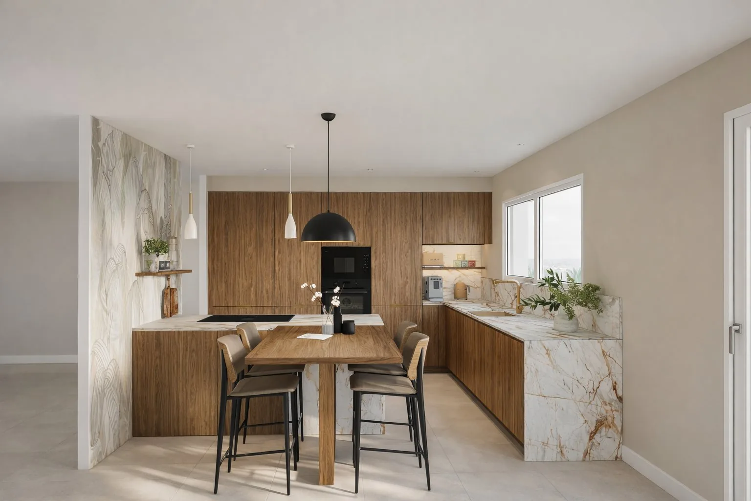 Rendu 3D d'une cuisine en bois ouverte sur un coin repas, plan de travail en marbre, conçue par Plein Vide