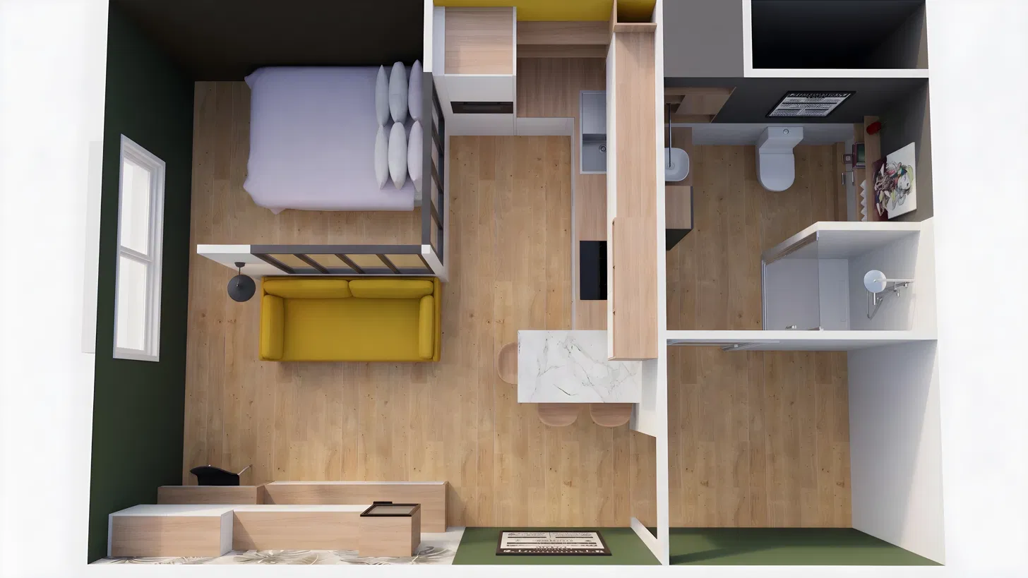 Rendu 3D vue de dessus du studio de Hugo réaménagé