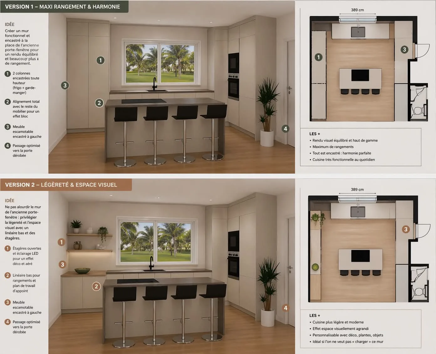 Deux propositions de cuisine générées par ChatGPT, avec rendus 3D et plans vus de dessus