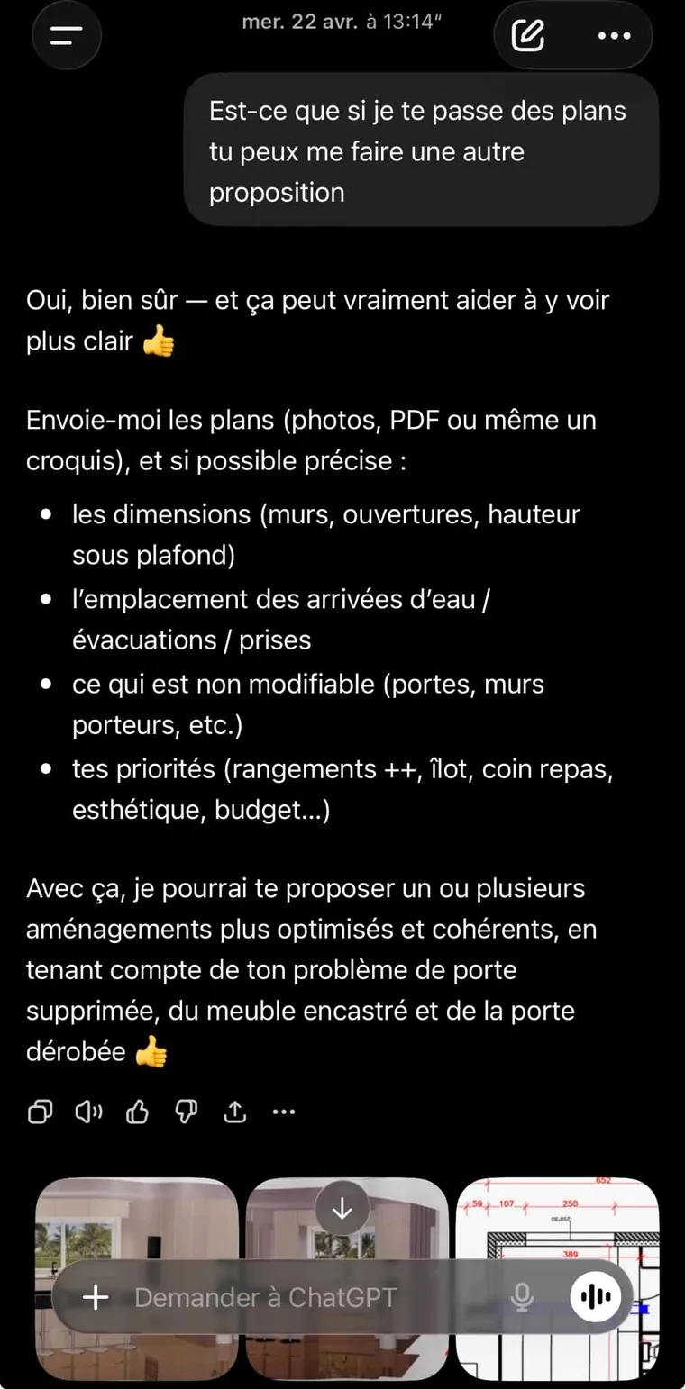 ChatGPT demande les dimensions, les arrivées d'eau et les contraintes du projet