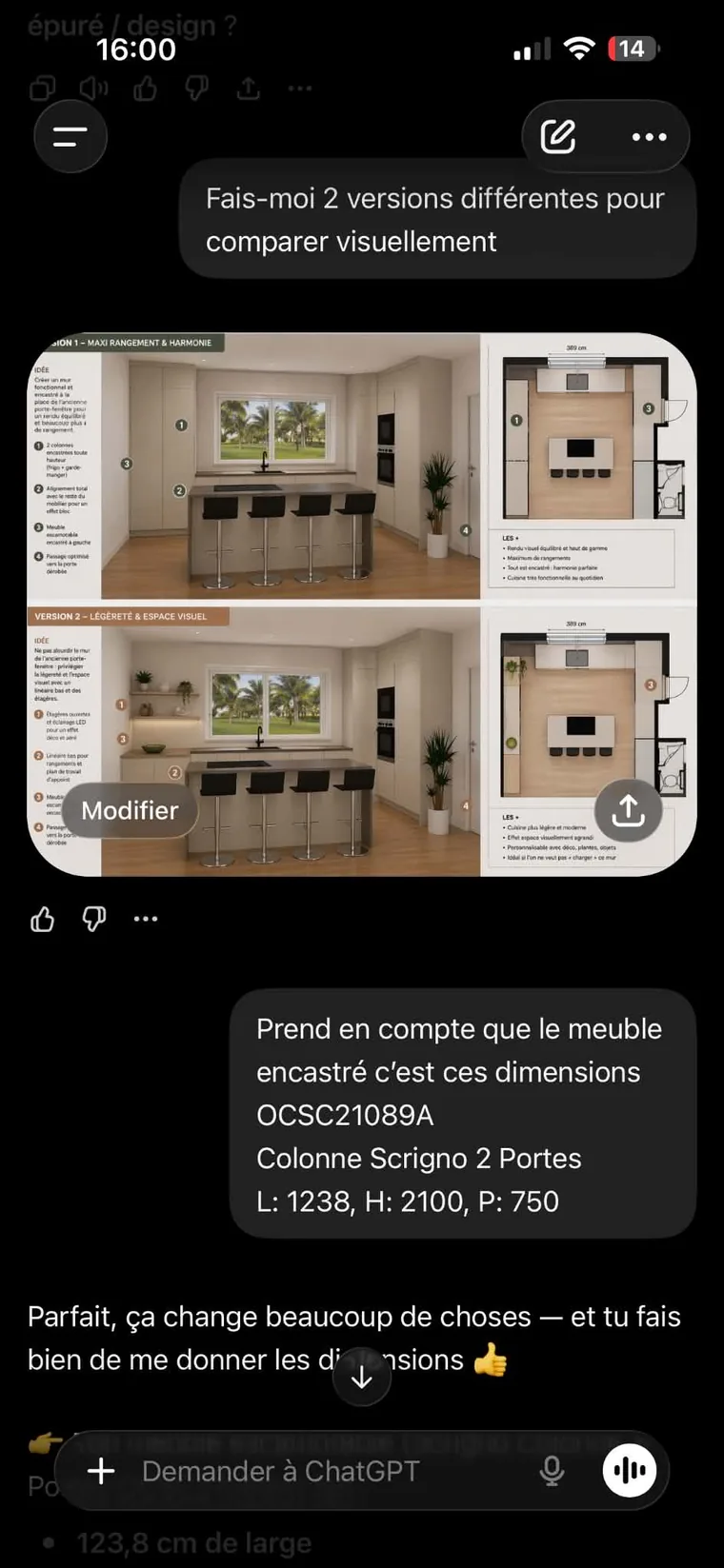 Envoi à ChatGPT des dimensions exactes du meuble escamotable