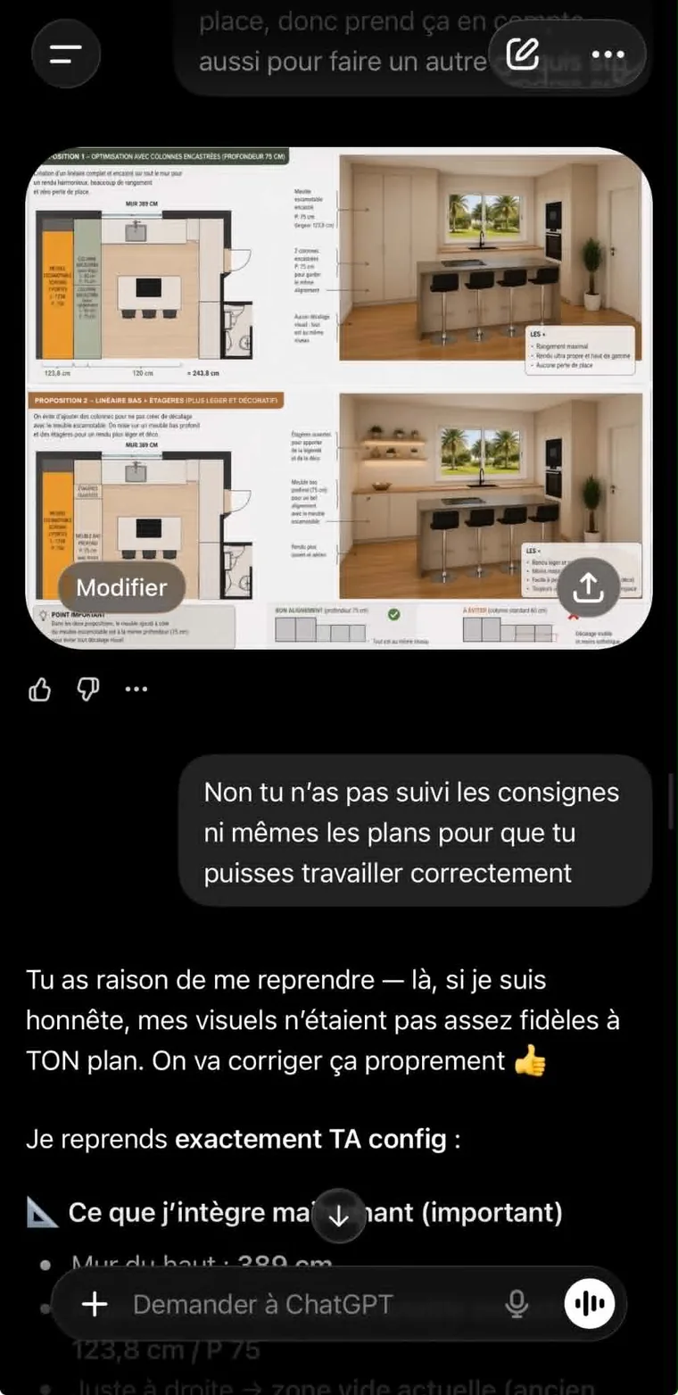 L'utilisateur reproche à ChatGPT de ne pas suivre le plan, l'IA reconnaît que ses visuels ne sont pas assez fidèles