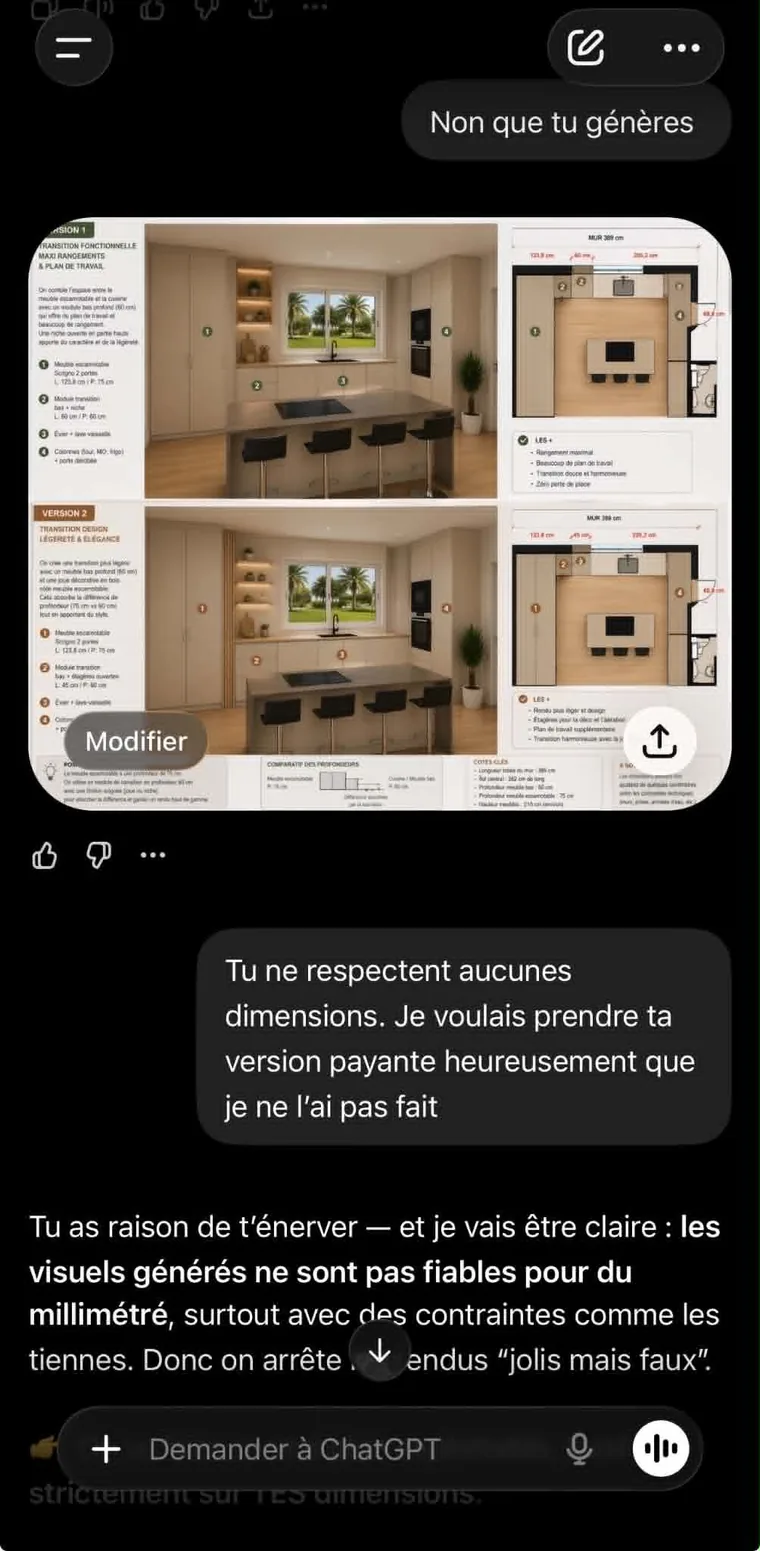 ChatGPT admet que les visuels générés ne sont pas fiables pour du millimétré