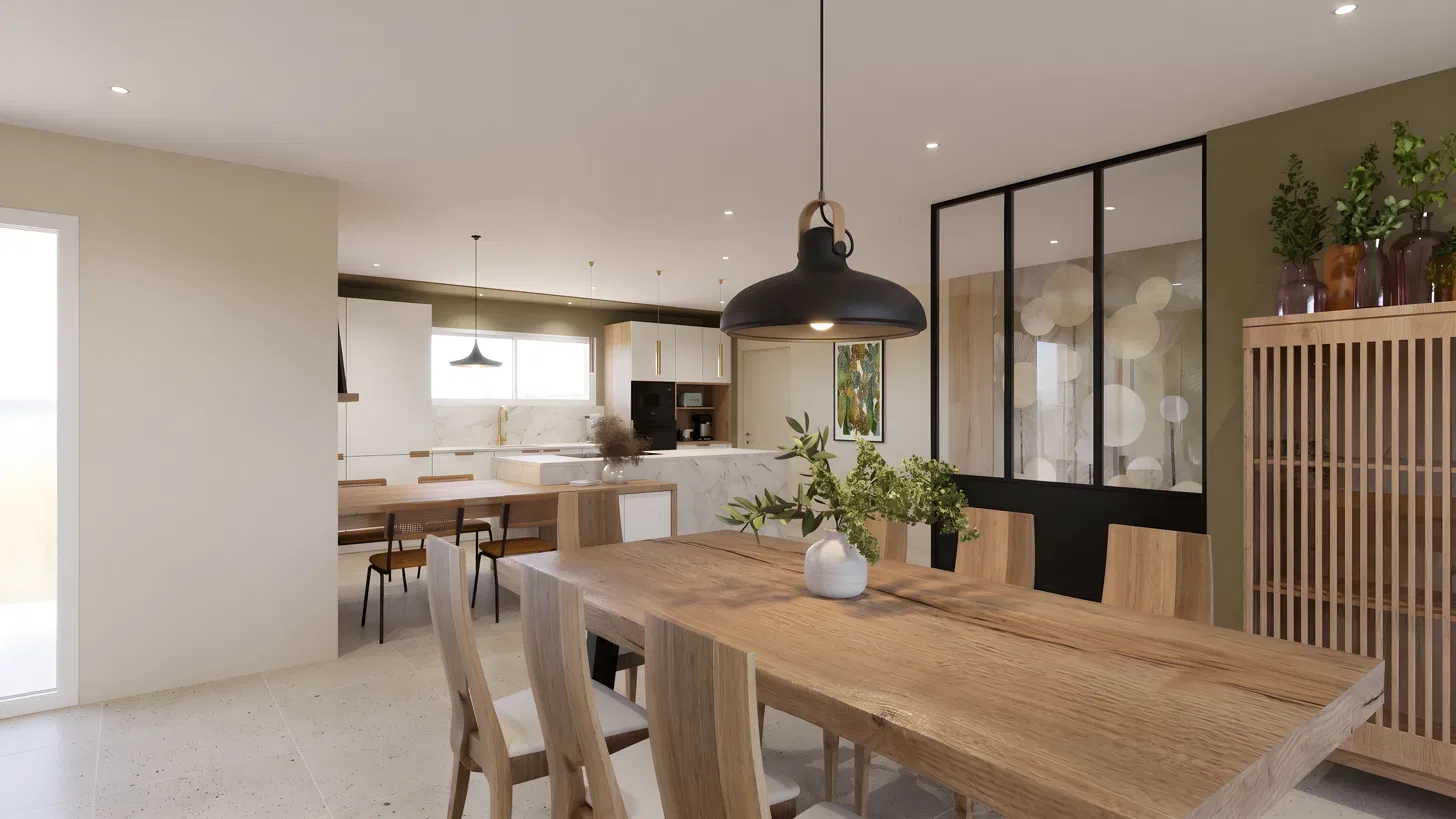 Rendu 3D de la pièce de vie, vue côté salle à manger